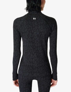 Sweaty Betty High-neck Leopard-jacquard Stretch-woven Top -VogueVibe Store R04074778 BLACKLEOPARDPAINT ALT03