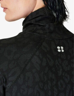 Sweaty Betty High-neck Leopard-jacquard Stretch-woven Top -VogueVibe Store R04074778 BLACKLEOPARDPAINT ALT04