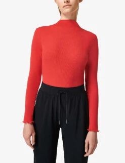 Sweaty Betty Eden Funnel-neck Stretch-woven Top -VogueVibe Store R04074893 CRANBERRYRED ALT02