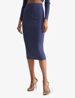 Reiss Iona Pencil Ribbed-knit Midi Skirt -VogueVibe Store R04075237 BLUE ALT02