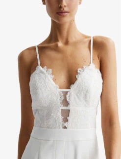 Reiss Cora Lace-bodice Stretch-woven Jumpsuit -VogueVibe Store R04075258 IVORY ALT04