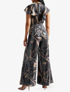 Ted Baker Printed Ruffle Sequin Jumpsuit -VogueVibe Store R04084648 BLACK ALT02