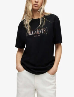 AllSaints Rila Boyfriend Logo-print Organic-cotton T-shirt -VogueVibe Store R04085125 BLACK ALT02