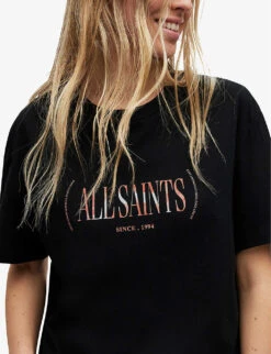 AllSaints Rila Boyfriend Logo-print Organic-cotton T-shirt -VogueVibe Store R04085125 BLACK ALT04
