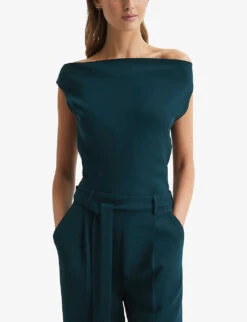 Reiss Maple Off-shoulder Belted-waist Stretch-woven Jumpsuit -VogueVibe Store R04087031 TEAL ALT02