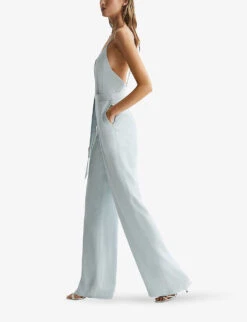 Reiss Irina Embellished-strap Belted-waist Woven Jumpsuit -VogueVibe Store R04087035 GREEN ALT02