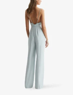 Reiss Irina Embellished-strap Belted-waist Woven Jumpsuit -VogueVibe Store R04087035 GREEN ALT03