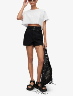 AllSaints Hailey High-rise Raw-hem Denim Shorts -VogueVibe Store R04087383 WASHEDBLACK ALT01
