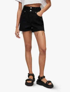 AllSaints Hailey High-rise Raw-hem Denim Shorts -VogueVibe Store R04087383 WASHEDBLACK ALT02