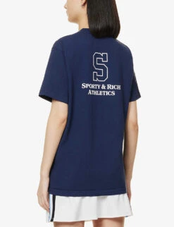 College Logo-print Cotton-jersey T-shirt -VogueVibe Store R04090256 NAVYWHITE ALT03