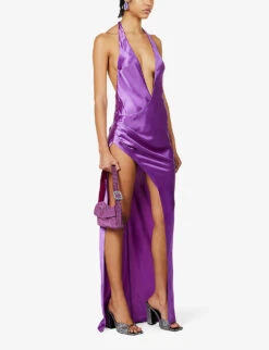 Valeria Halter-neck Side-split Satin Maxi Dress -VogueVibe Store R04091973 ORCHIDPURPLE ALT01