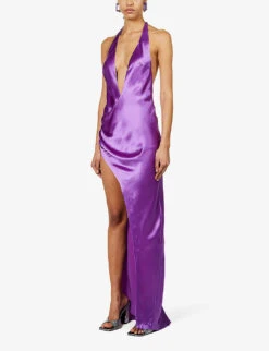 Valeria Halter-neck Side-split Satin Maxi Dress -VogueVibe Store R04091973 ORCHIDPURPLE ALT02