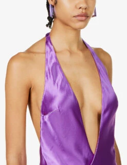 Valeria Halter-neck Side-split Satin Maxi Dress -VogueVibe Store R04091973 ORCHIDPURPLE ALT04