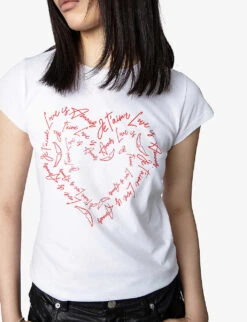 Zadig & Voltaire Skinny Heart Short-sleeved Cotton-jersey T-shirt -VogueVibe Store R04093867 BLANC ALT04