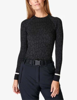 Sweaty Betty Leopard Jacquard Stretch-jersey Top -VogueVibe Store R04094041 BLACKLEOPARDPAINT ALT02