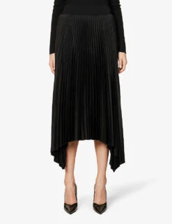 Joseph Ade Asymmetric-hem Pleated Satin Midi Skirt -VogueVibe Store R04095180 BLACK ALT02