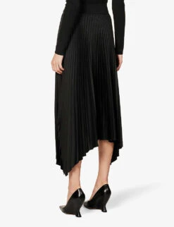 Joseph Ade Asymmetric-hem Pleated Satin Midi Skirt -VogueVibe Store R04095180 BLACK ALT03