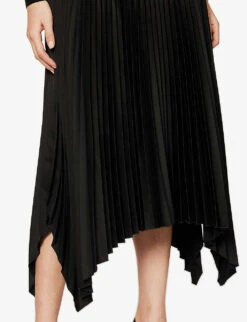 Joseph Ade Asymmetric-hem Pleated Satin Midi Skirt -VogueVibe Store R04095180 BLACK ALT04