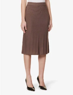 Joseph Ribbed Flared-hem Wool Knitted Midi Skirt -VogueVibe Store R04095438 TRUFFLE ALT02