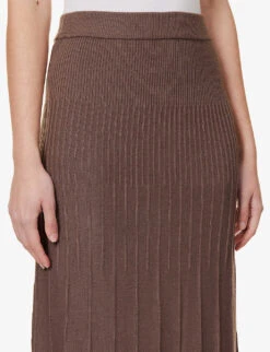 Joseph Ribbed Flared-hem Wool Knitted Midi Skirt -VogueVibe Store R04095438 TRUFFLE ALT04