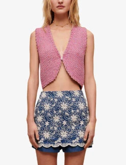 Maje Floral-embroidered Cotton-blend Shorts -VogueVibe Store R04101554 BLEUS ALT02