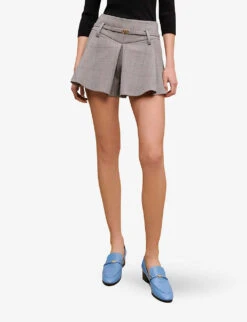 Maje Iarreau Checked Frilled Stretch-wool Blend Shorts -VogueVibe Store R04101748 NOIRGRIS ALT02