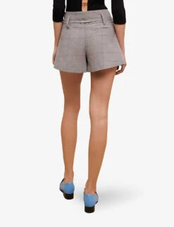 Maje Iarreau Checked Frilled Stretch-wool Blend Shorts -VogueVibe Store R04101748 NOIRGRIS ALT03