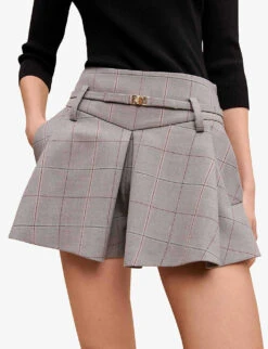 Maje Iarreau Checked Frilled Stretch-wool Blend Shorts -VogueVibe Store R04101748 NOIRGRIS ALT04