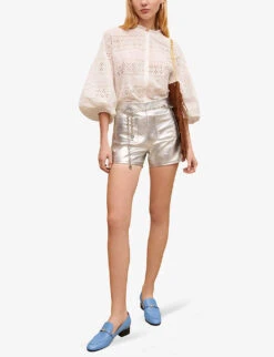 Maje Metallic Straight-cut Leather Shorts -VogueVibe Store R04101766 NOIRGRIS ALT01