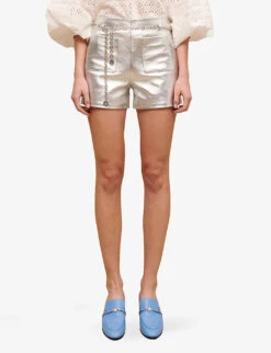 Maje Metallic Straight-cut Leather Shorts -VogueVibe Store R04101766 NOIRGRIS ALT02