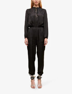 Maje Paulynou Tied-neck Balloon-sleeved Recycled-polyester Jumpsuit -VogueVibe Store R04101783 NOIRGRIS ALT02