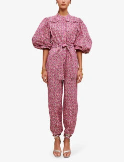 Maje Pyad Floral-print Puff-sleeve Cotton Jumpsuit -VogueVibe Store R04101875 ROSES ALT02