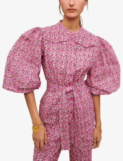 Maje Pyad Floral-print Puff-sleeve Cotton Jumpsuit -VogueVibe Store R04101875 ROSES ALT04
