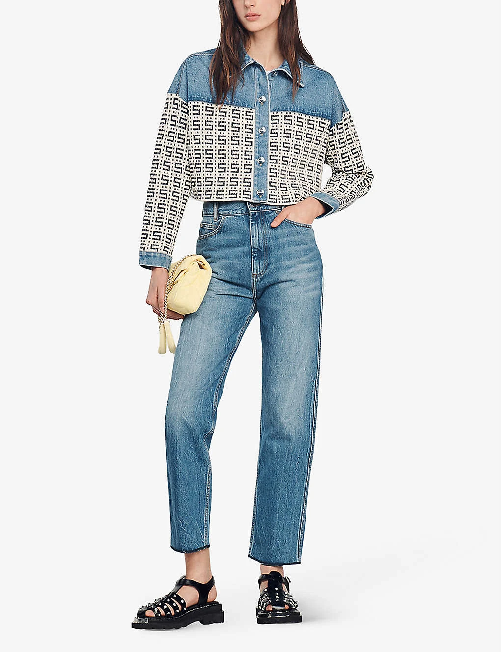 Sandro Cordoue Panelled Monogram-jacquard Denim And Cotton-blend Jacket 4 Sandro Cordoue Panelled Monogram-jacquard Denim And Cotton-blend Jacket - Image 2