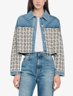Sandro Cordoue Panelled Monogram-jacquard Denim And Cotton-blend Jacket 9 Sandro Cordoue Panelled Monogram-jacquard Denim And Cotton-blend Jacket -VogueVibe Store R04102299 BLEUS ALT02