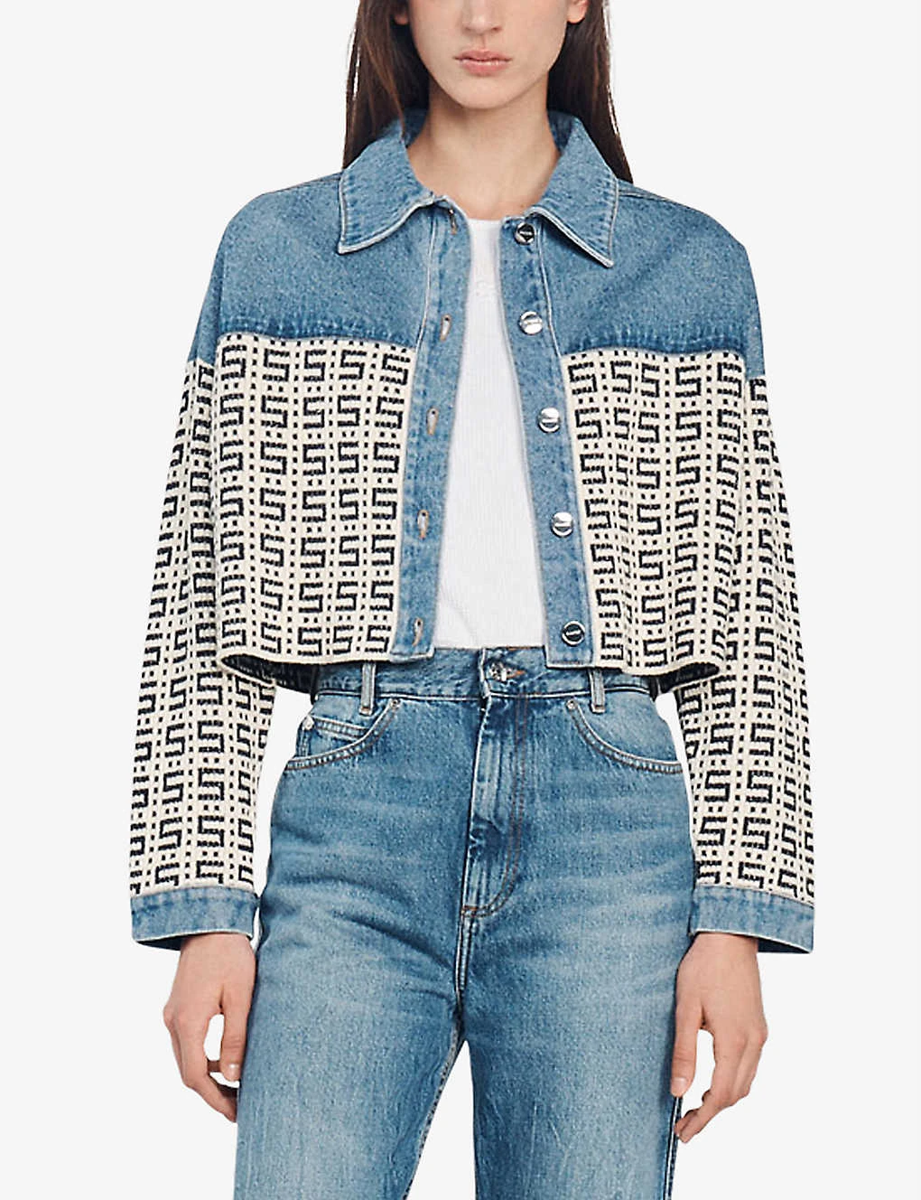 Sandro Cordoue Panelled Monogram-jacquard Denim And Cotton-blend Jacket 5 Sandro Cordoue Panelled Monogram-jacquard Denim And Cotton-blend Jacket - Image 3