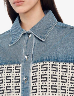 Sandro Cordoue Panelled Monogram-jacquard Denim And Cotton-blend Jacket 11 Sandro Cordoue Panelled Monogram-jacquard Denim And Cotton-blend Jacket -VogueVibe Store R04102299 BLEUS ALT04