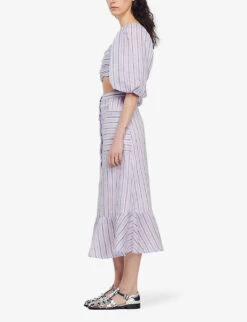 Sandro Striped Linen-blend Midi Skirt -VogueVibe Store R04102440 NOIRGRIS ALT02