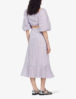Sandro Striped Linen-blend Midi Skirt -VogueVibe Store R04102440 NOIRGRIS ALT03