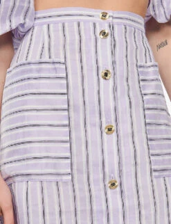 Sandro Striped Linen-blend Midi Skirt -VogueVibe Store R04102440 NOIRGRIS ALT04