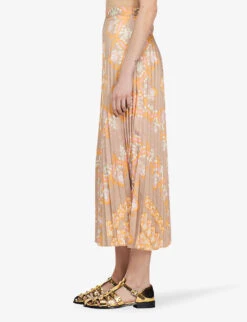 Sandro Scarf-print Pleated Recycled Polyester-blend Midi Skirt -VogueVibe Store R04102662 NATURELS ALT02