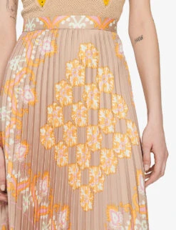 Sandro Scarf-print Pleated Recycled Polyester-blend Midi Skirt -VogueVibe Store R04102662 NATURELS ALT04