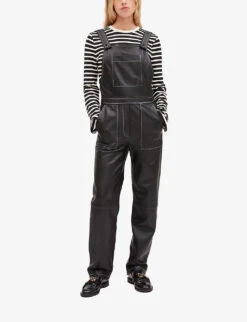 CLAUDIE PIERLOT Contrast-stitched Leather Overalls -VogueVibe Store R04103267 NOIRGRIS ALT02