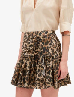 CLAUDIE PIERLOT Sisterleo Leopard-print Gathered-effect Cotton Mini Skirt -VogueVibe Store R04103390 DIVERS ALT04