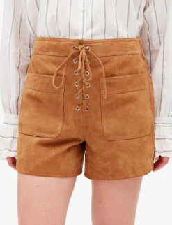 CLAUDIE PIERLOT Chris Lace-fastening Patch-pocket Suede Shorts 11 CLAUDIE PIERLOT Chris Lace-fastening Patch-pocket Suede Shorts -VogueVibe Store R04103401 BRUNS ALT04