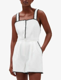 CLAUDIE PIERLOT Contrast Embroidered-trim Cotton Jumpsuit -VogueVibe Store R04103532 NATURELS ALT02