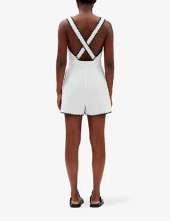 CLAUDIE PIERLOT Contrast Embroidered-trim Cotton Jumpsuit -VogueVibe Store R04103532 NATURELS ALT03