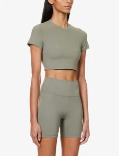 Fitted Cropped Stretch-woven T-shirt -VogueVibe Store R04104647 OLIVEGREEN ALT02
