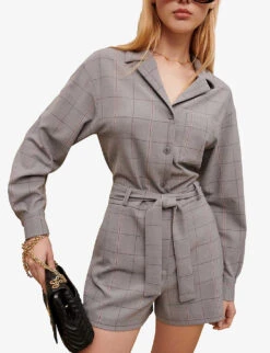 Maje Check-print Stretch Wool-blend Short Jumpsuit -VogueVibe Store R04105498 NOIRGRIS ALT04