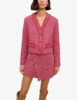 Maje V-neck Raw-trim Tweed Jacket -VogueVibe Store R04108243 ROSES ALT02